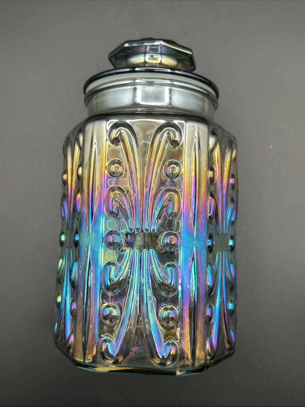 LE Smith Atterbury Scroll Carnival Glass Canister Iridescent Smoke Apothecary